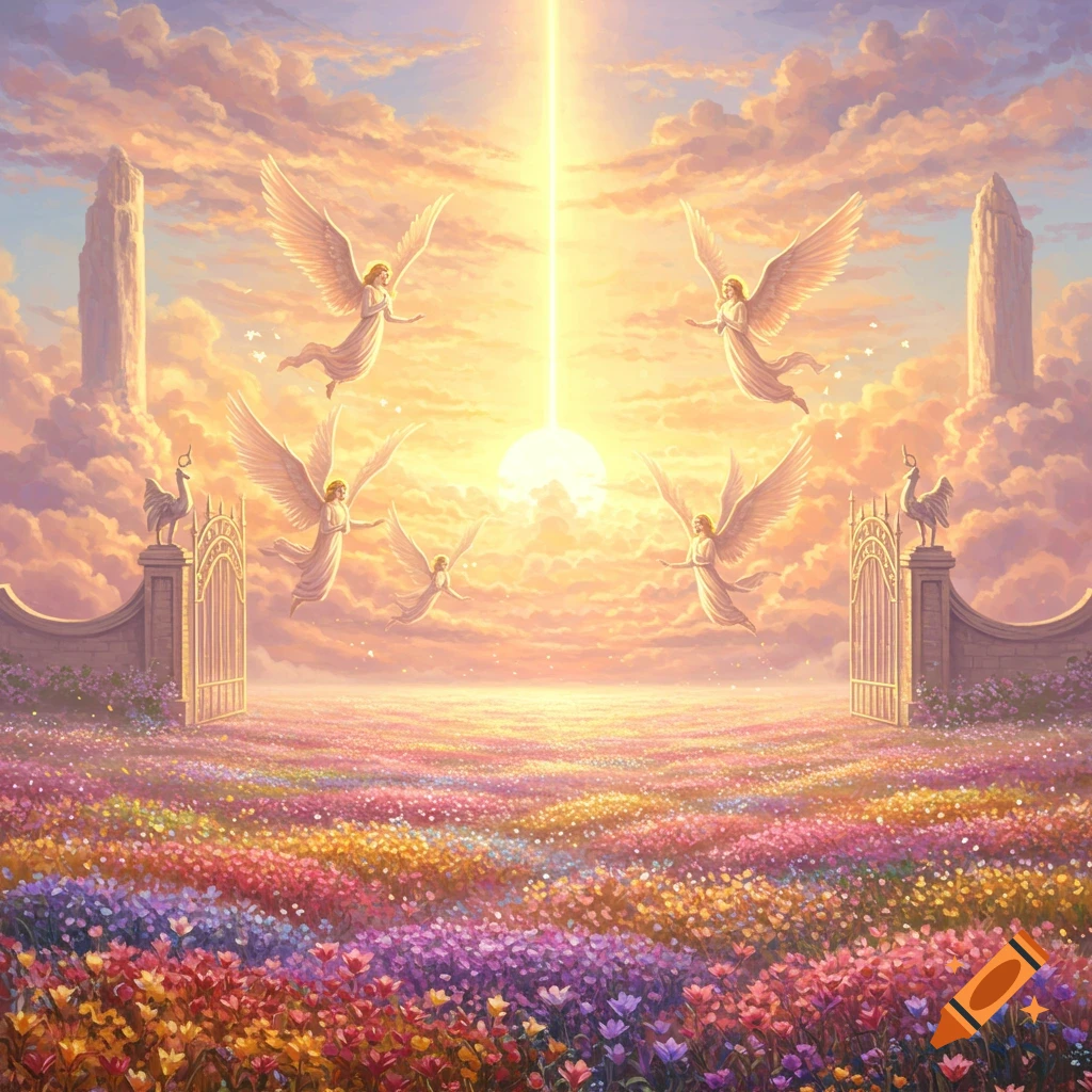 Angels flying over a vibrant field of flowers towards ornate gates under a radiant sky.