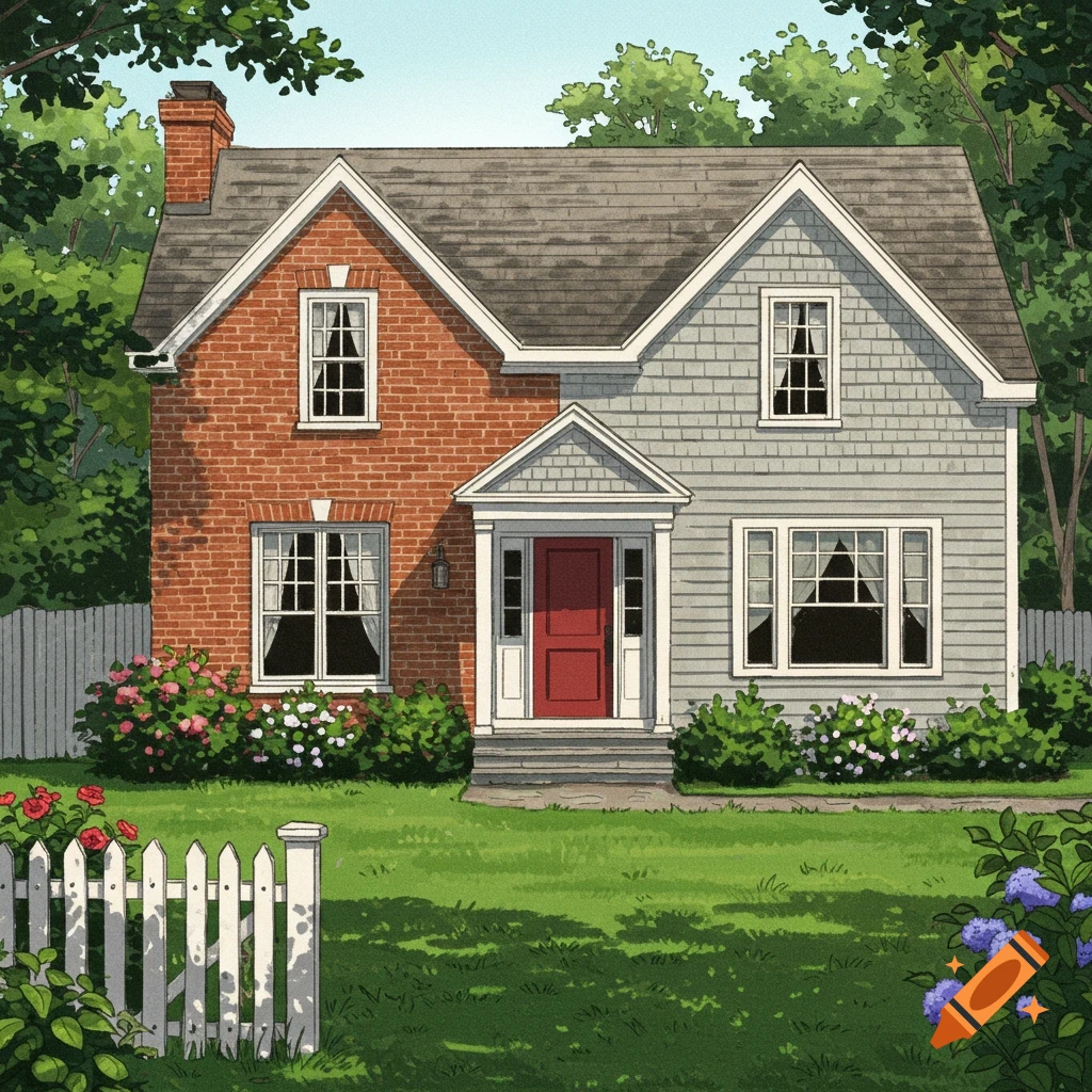 A Cape Cod style house with a red brick front and gray siding, a red door, a white picket fence, and a green lawn.