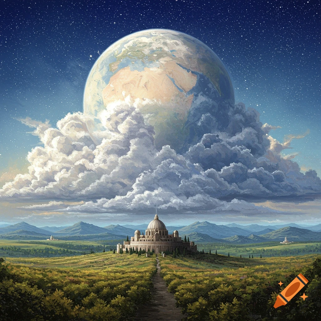 A fantasy landscape with a large planet Earth rising above clouds over a detailed building on a hill.