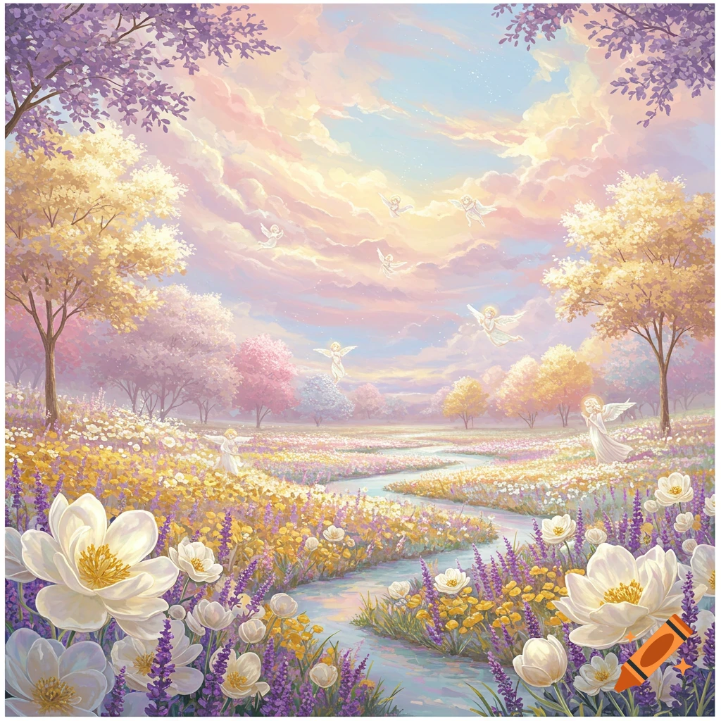 A dreamy, pastel landscape with a winding river through fields of colorful flowers, under a sky filled with clouds and ethereal figures.