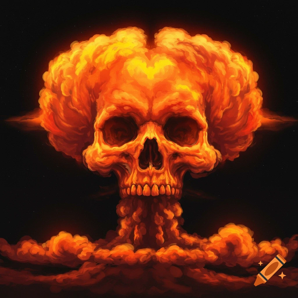 A skull formed from a mushroom cloud explosion is set against a starry sky.