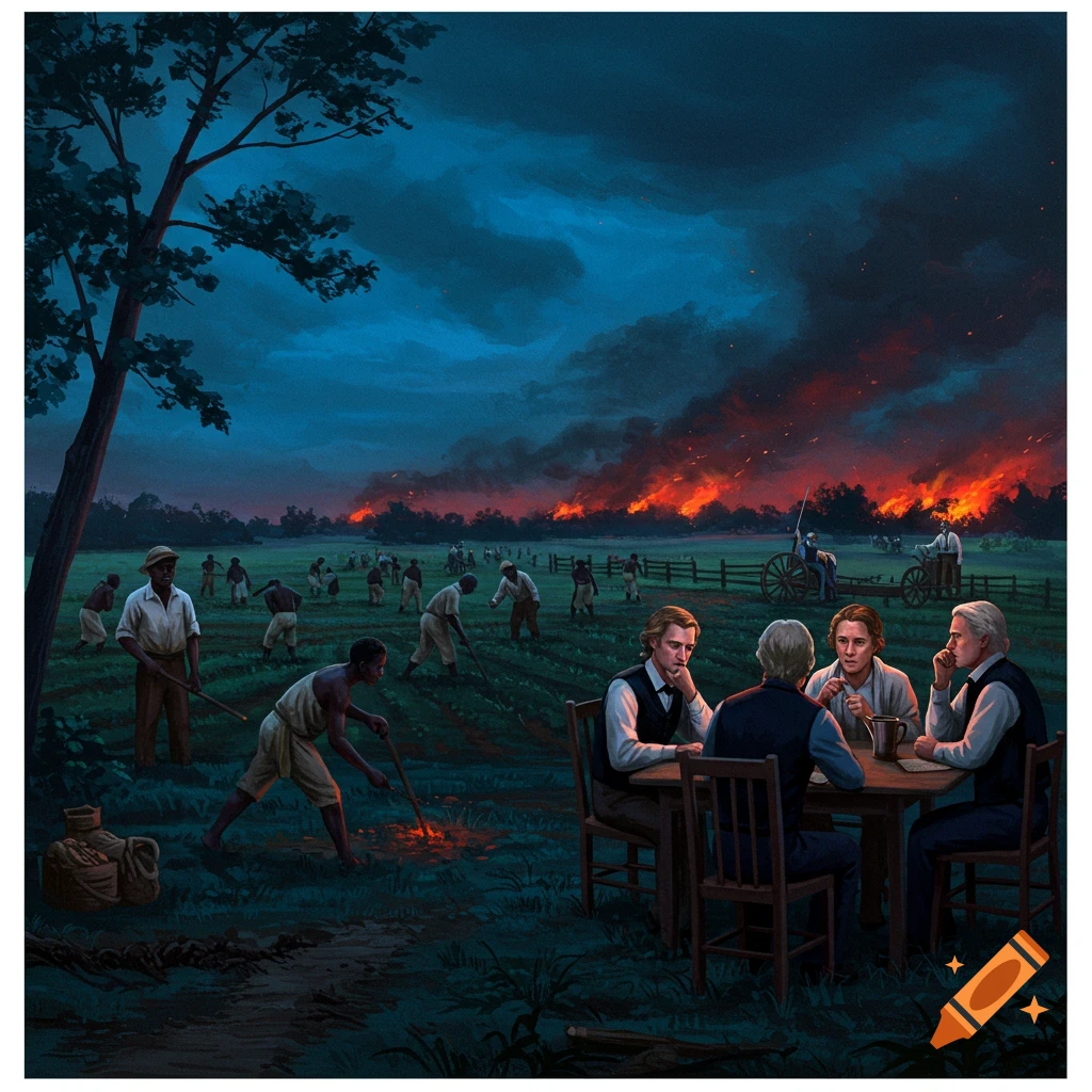A historical scene with figures working in fields, men seated at a table, and a large fire in the distance.