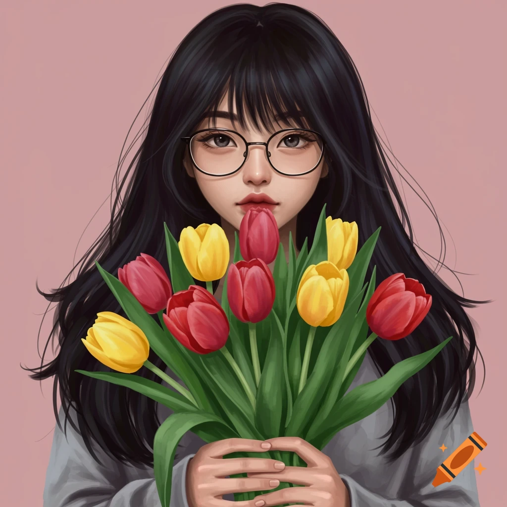A girl with long black hair and glasses holding a bouquet of red and yellow tulips.