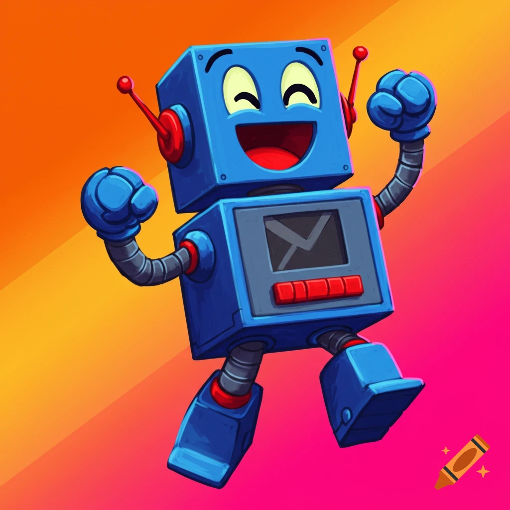 Blue cartoon robot with happy face cheers against orange-pink background.