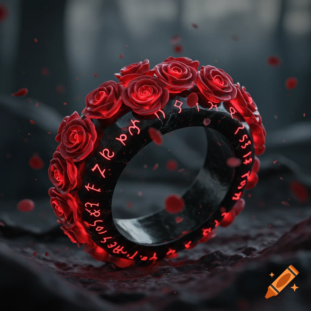 A dark fantasy ring adorned with glowing red roses and runes.