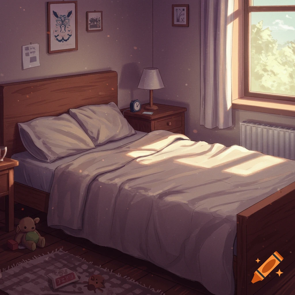 A cozy bedroom bathed in sunlight from a large window. The bed is made, with a nightstand, lamp, and clock next to it. A rug, stuffed animal, and framed art are also visible.