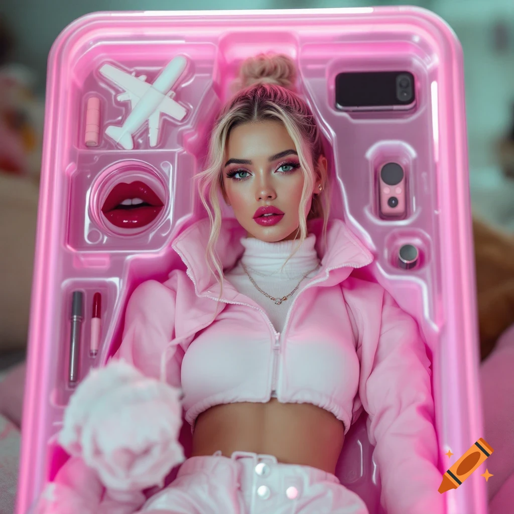 A woman styled as a doll lies in a pink plastic toy box with accessories.