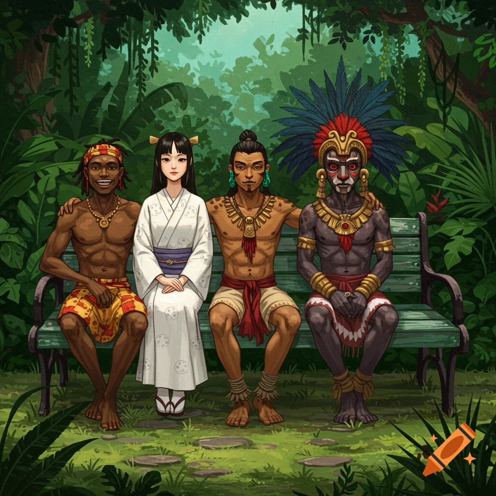 Four mythological characters sit on a bench in a jungle.