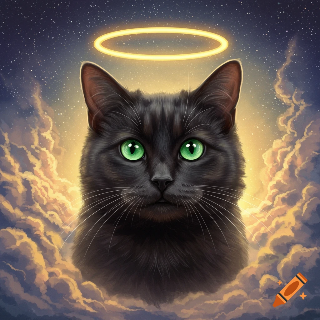 A black cat with green eyes and a halo floats among clouds and stars in a portrait.