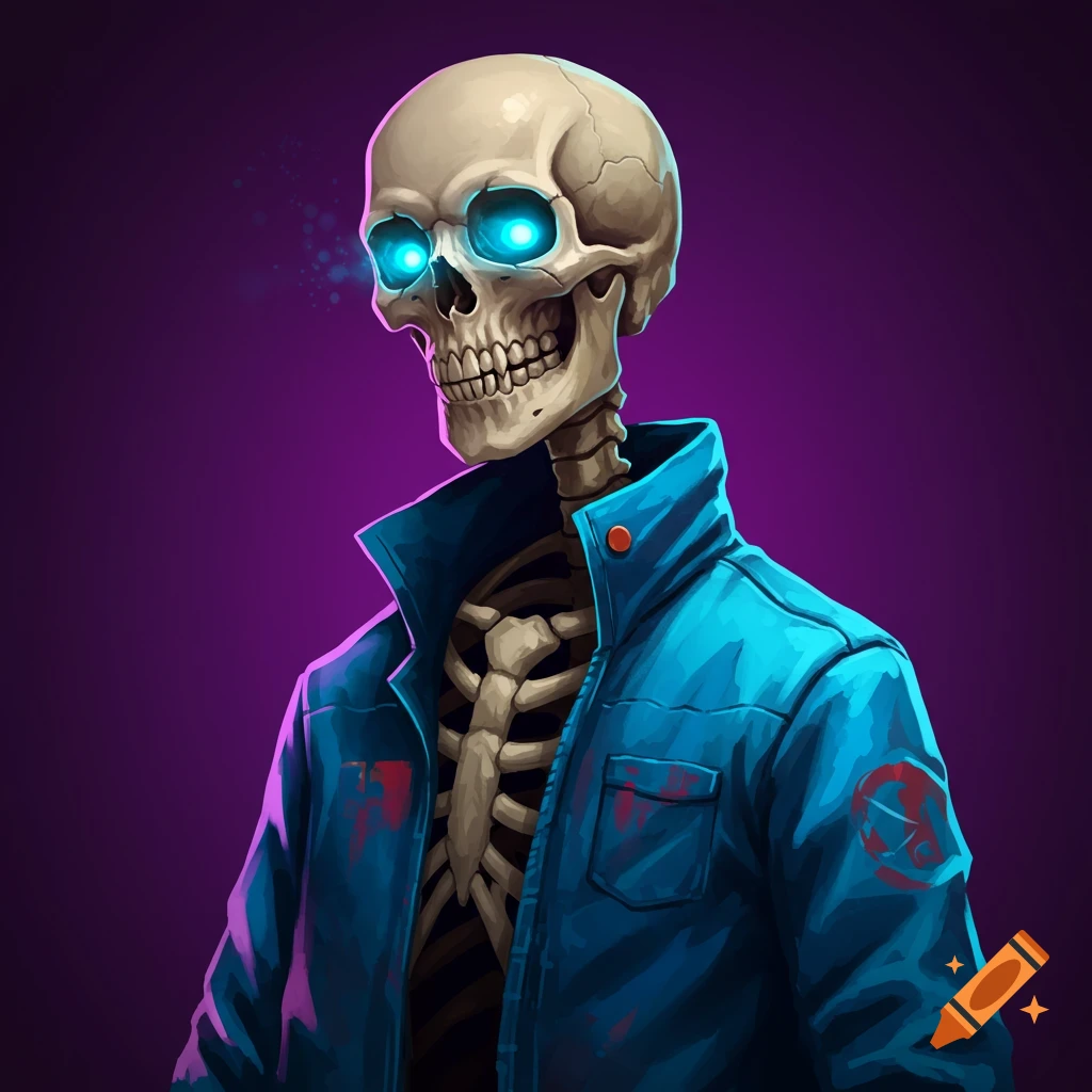 A skeleton with glowing blue eyes wearing a blue jacket.