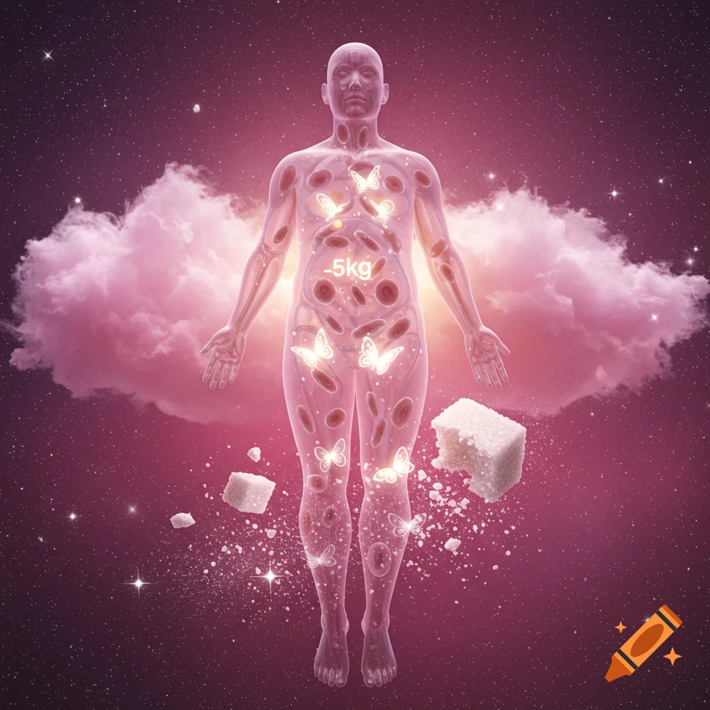 Surreal image of translucent body in space with glowing butterflies inside, broken sugar cubes, and pink clouds.