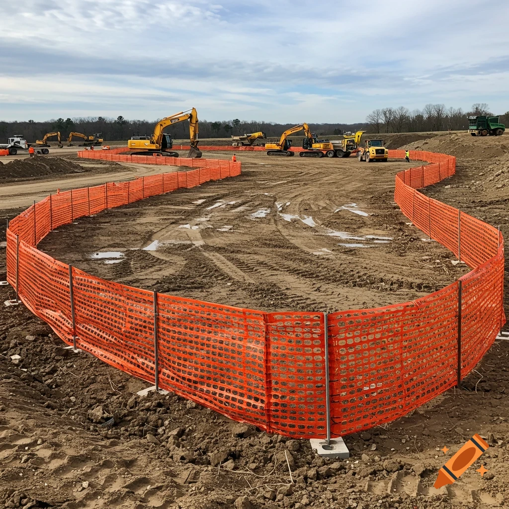 Photorealistic image of a construction site with excavators, dirt, and orange safety fencing.