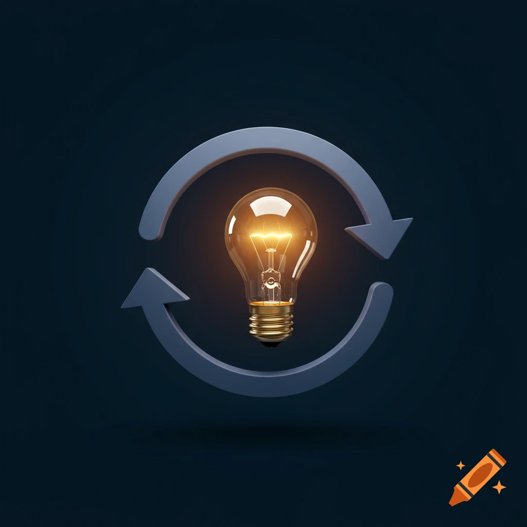 A lit light bulb inside a circular arrow symbol on a dark background