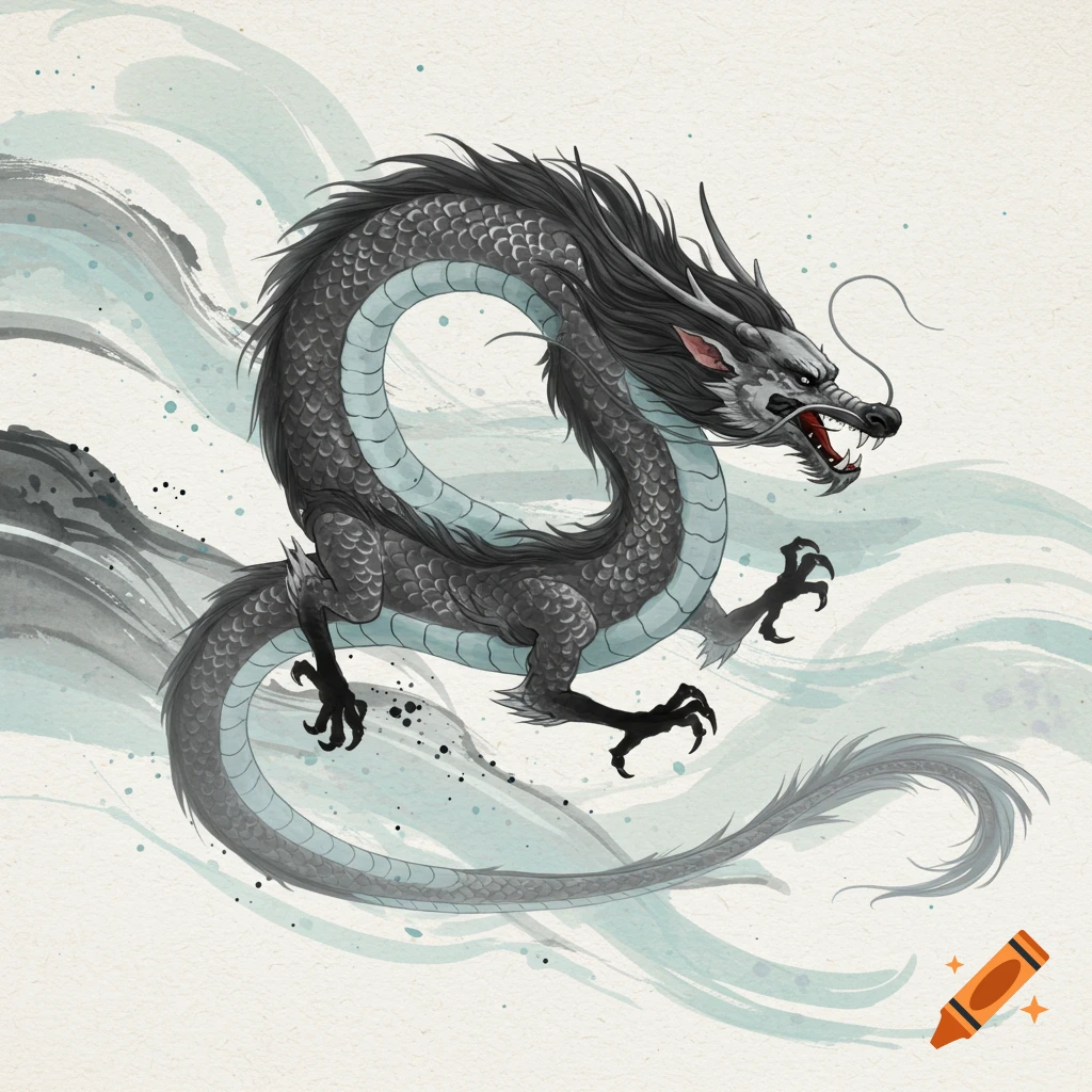 A dark gray dragon with red eyes flies through ink wash swirls.