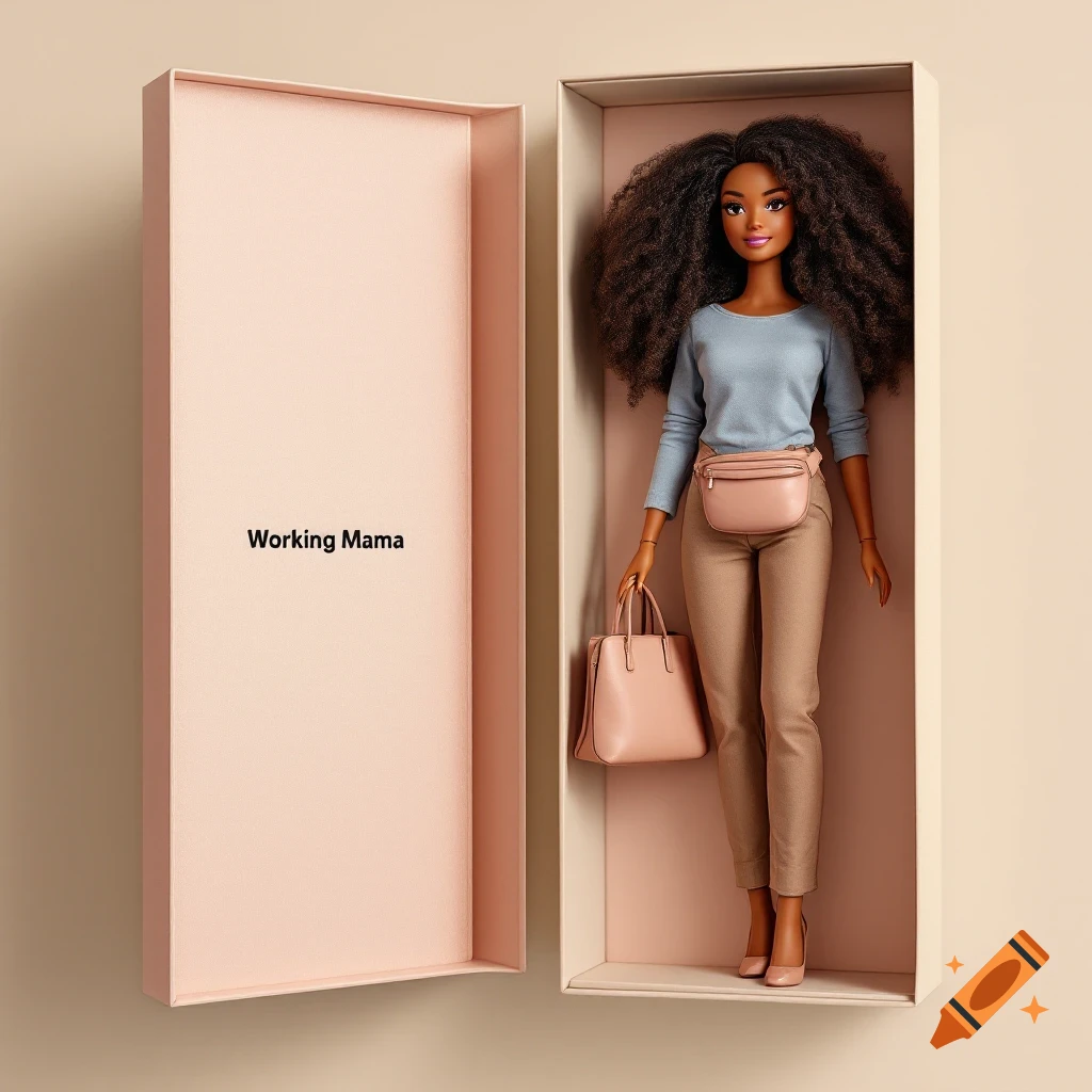 A Barbie-style doll with curly hair in a box labeled 'Working Mama'