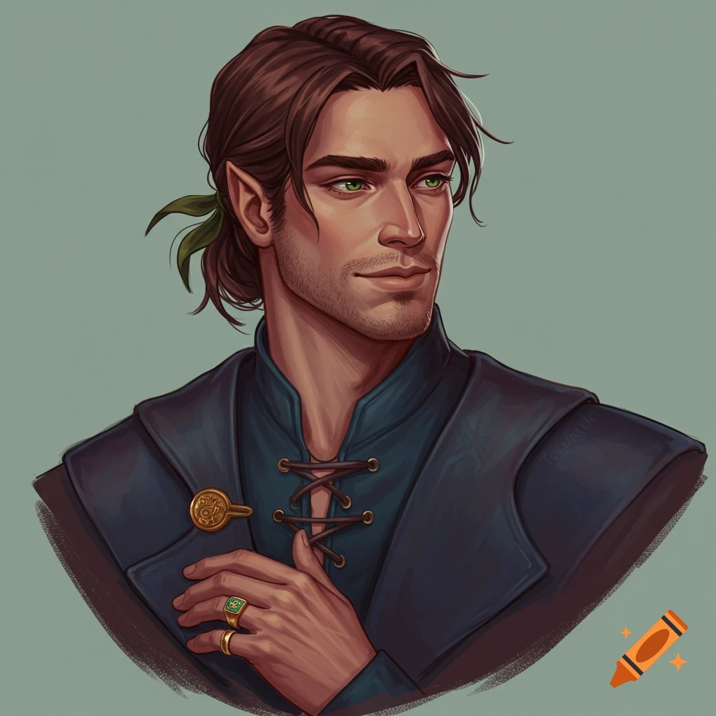 A fantasy man with elf ears, brown hair, and green eyes in a blue outfit.