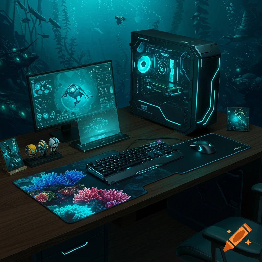 A gaming desk setup in an underwater world.