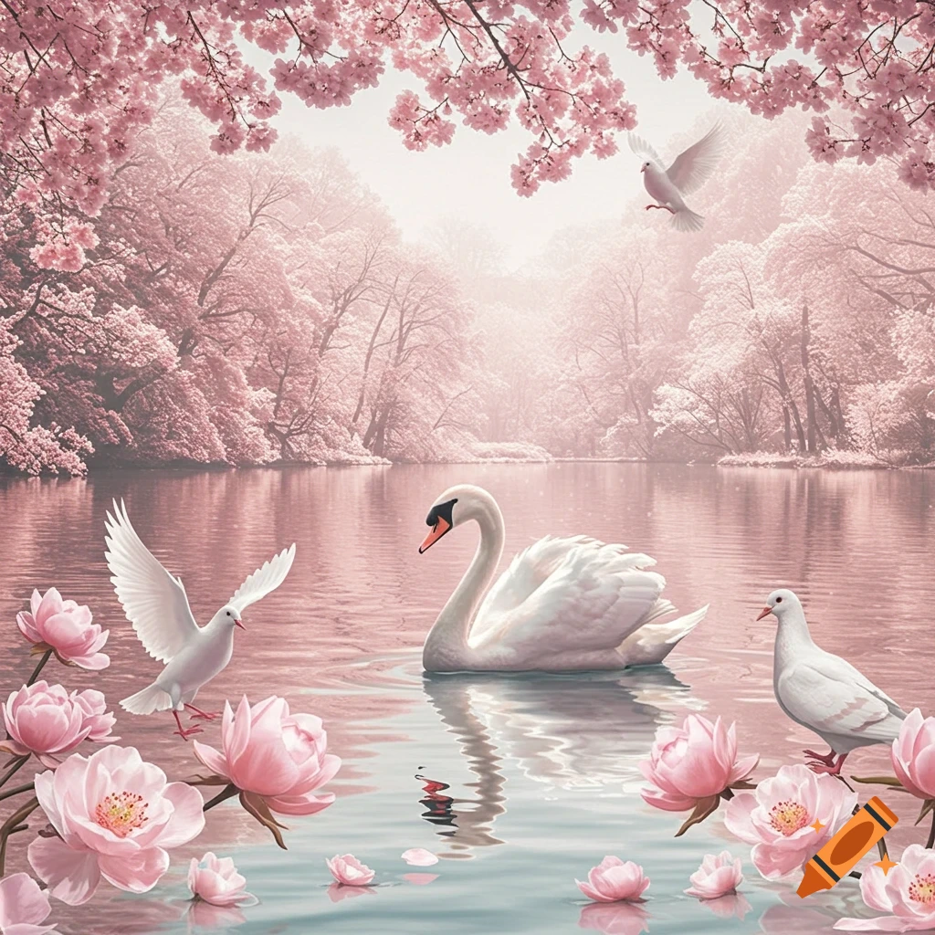 A swan and two doves on a lake with pink cherry blossoms and flowers.