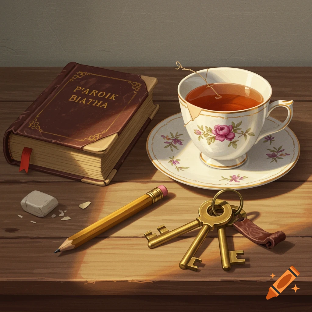 A still life painting of a book, tea cup, pencil, and keys on a wooden desk in sunlight.
