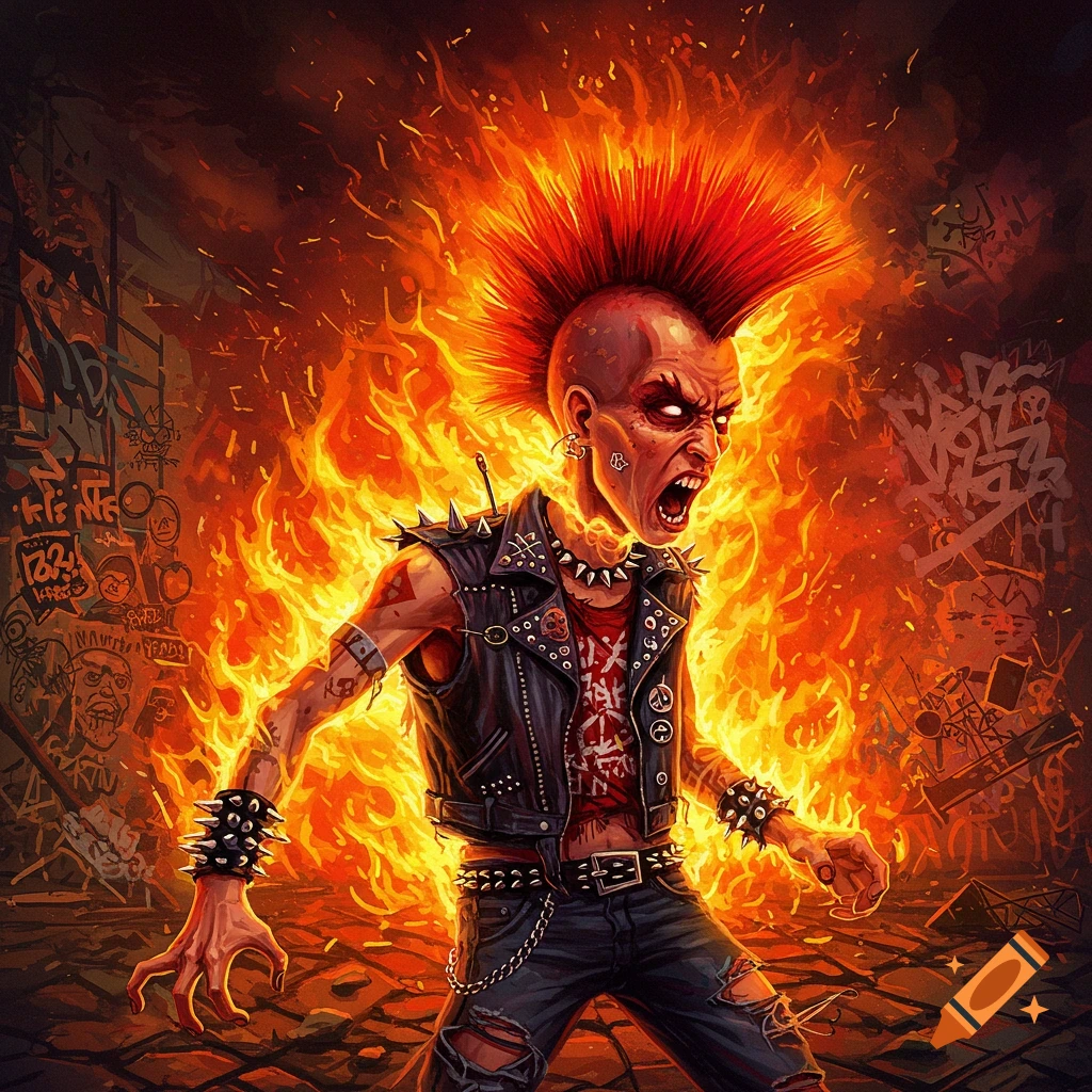 A punk person on fire screaming in an urban alley.