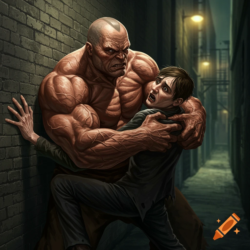 Muscular man pins terrified man against a brick wall in a dark alley.