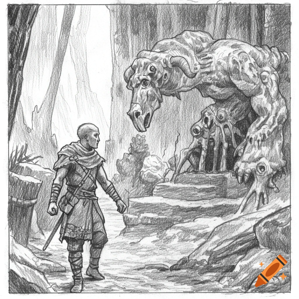 Pencil sketch of a person facing a large, multi-eyed monster in a forest.