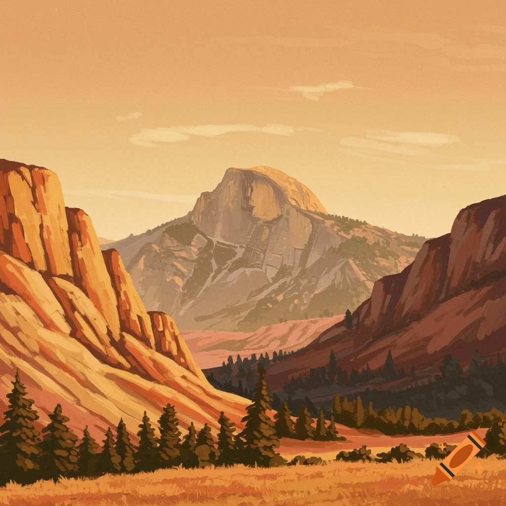 A valley with large orange rock formations and a prominent mountain peak under an orange sky.