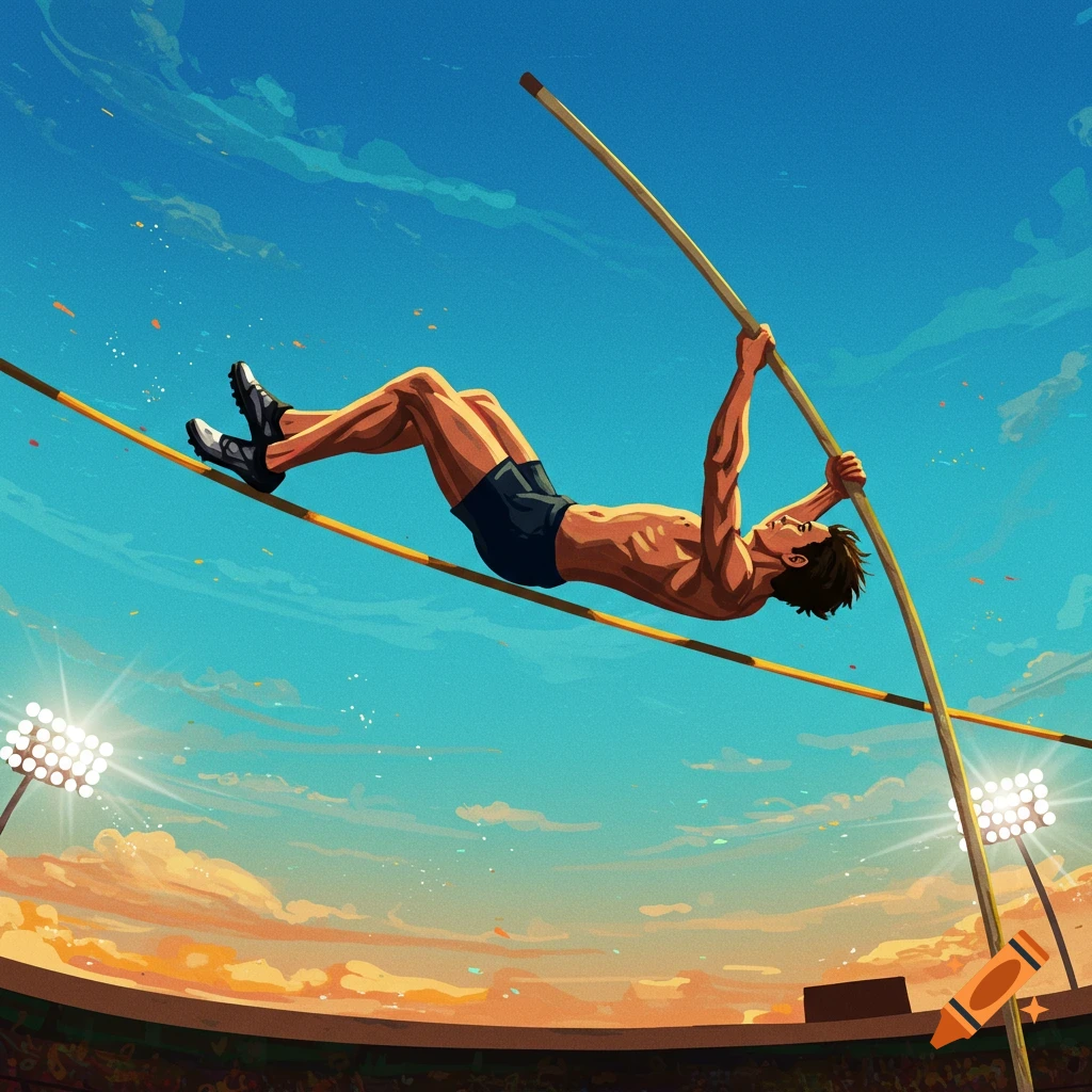 A male pole vaulter clearing the bar in a stadium at sunset.
