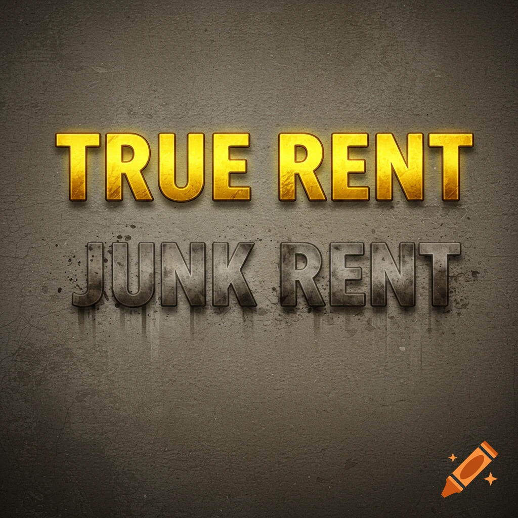 The words "True Rent" in shiny gold letters above "Junk Rent" in dull gray, dirty letters on a grungy background.