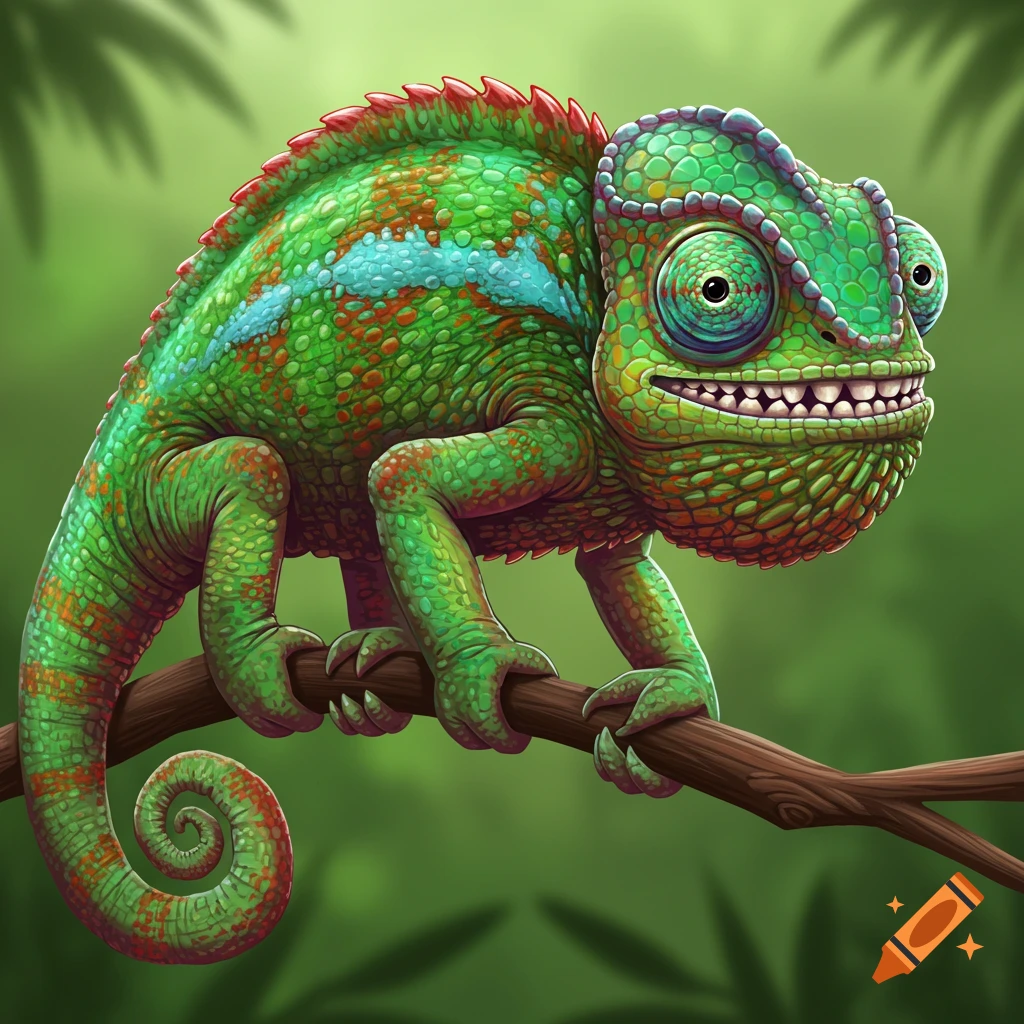 A smiling cartoon chameleon perched on a branch.