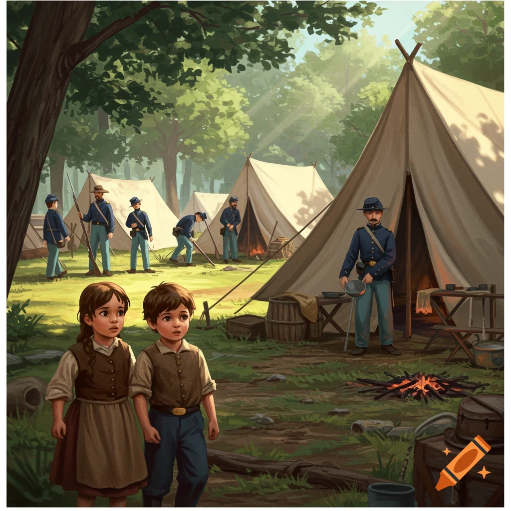 Two children observing a Civil War Union Army encampment