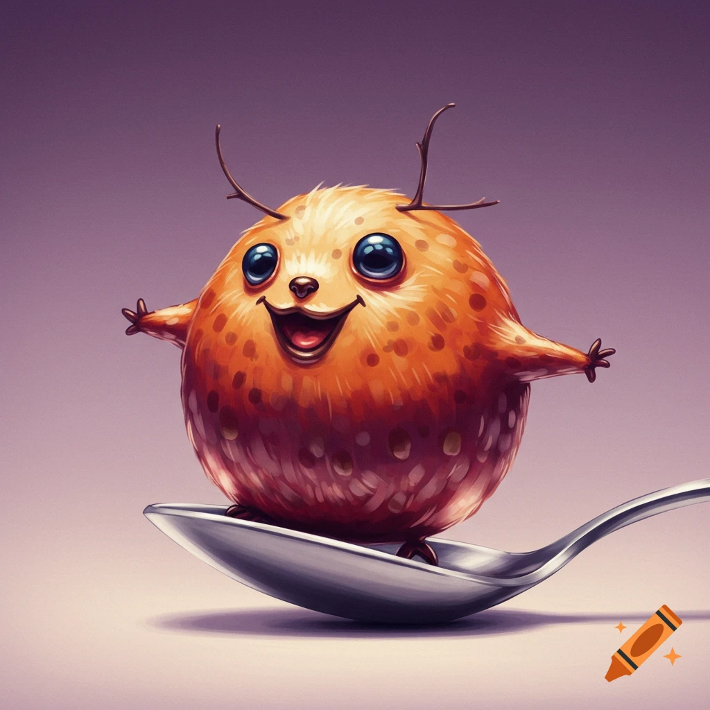 A cute, orange creature with large blue eyes balances on a spoon.