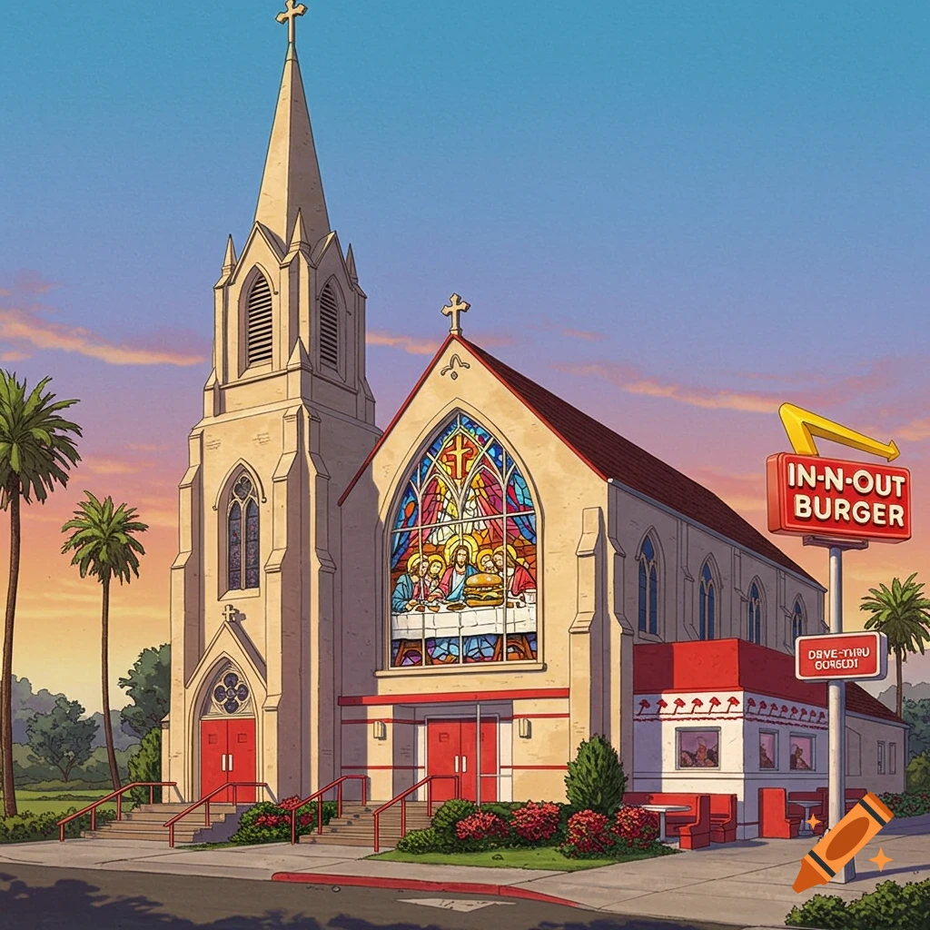 A church building combined with an In-N-Out Burger drive-thru at sunset.