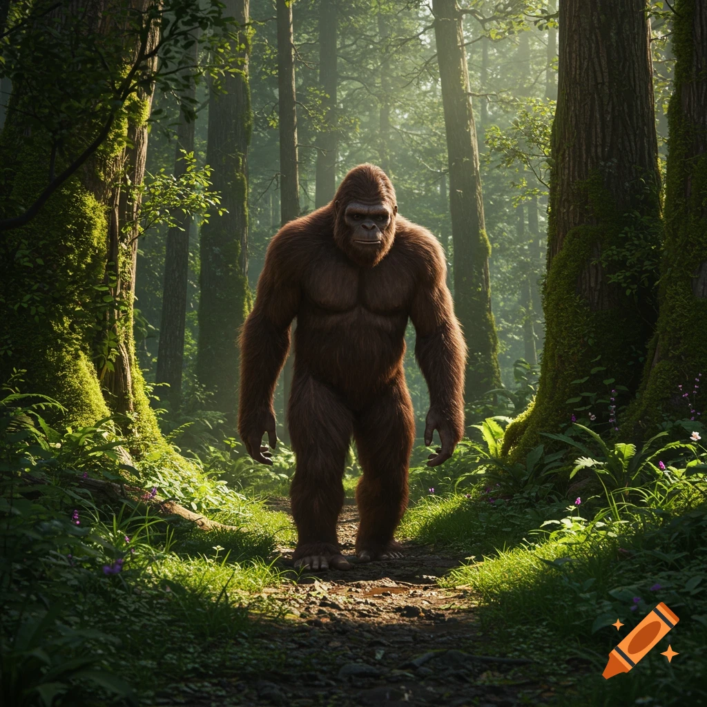 A large, furry sasquatch walks on a sunlit path through a dense forest.