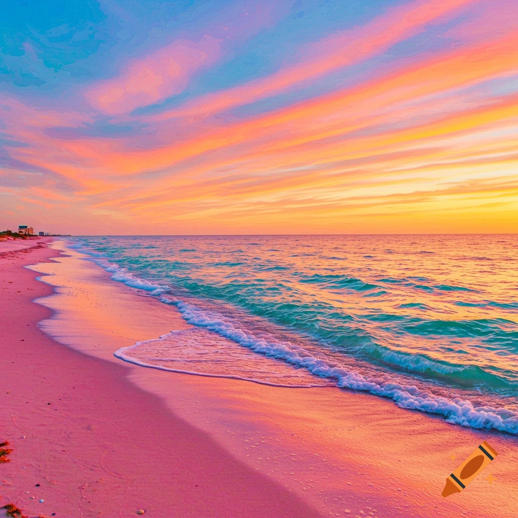 A vibrant image of a pink beach and blue ocean at sunset with orange, pink, and blue striped clouds.