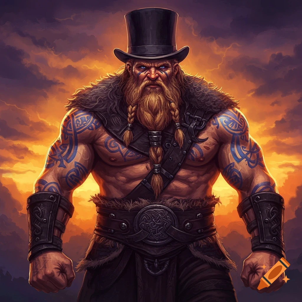 A muscular viking in a top hat against a dramatic sky.