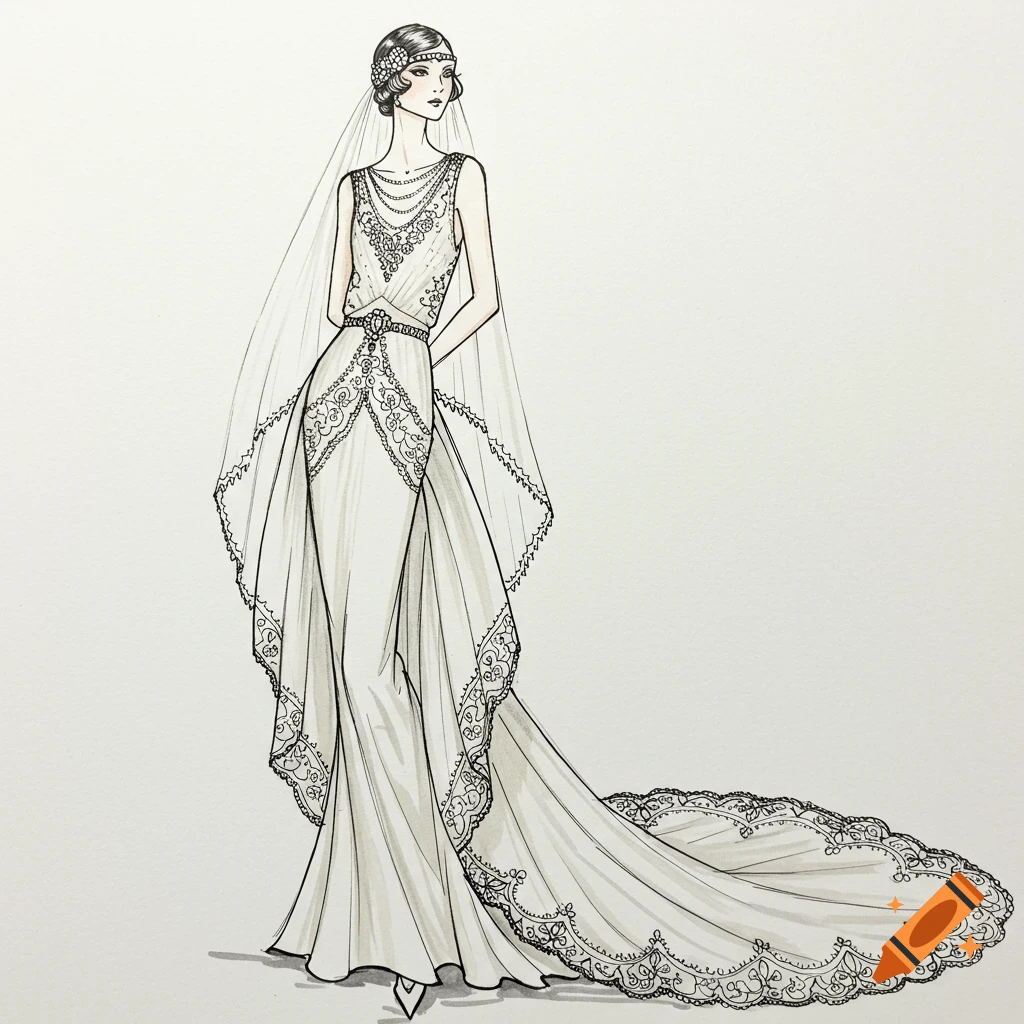 Drawing of a woman in a detailed 1920s wedding dress with veil and train.