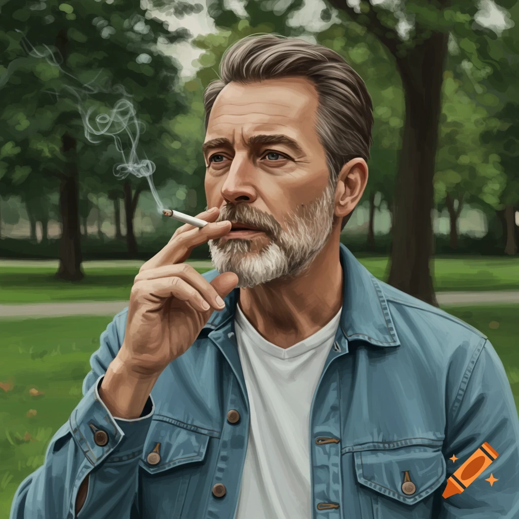A contemplative man with a beard smoking a cigarette in a park.