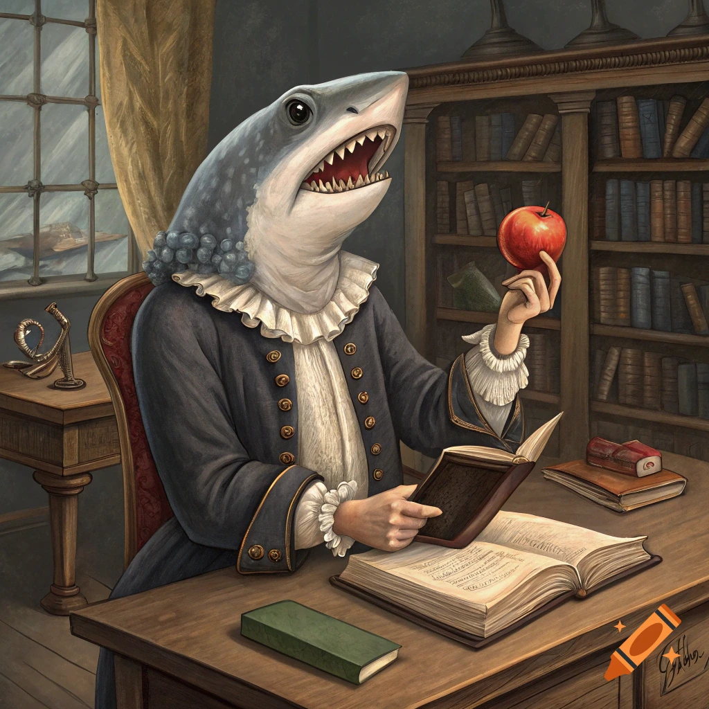 An anthropomorphic shark in historical attire sits at a desk in a library, holding an apple and a book.