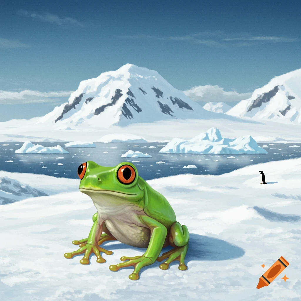 A green tree frog sitting in the snow in Antarctica with mountains, icebergs, and a penguin in the background.