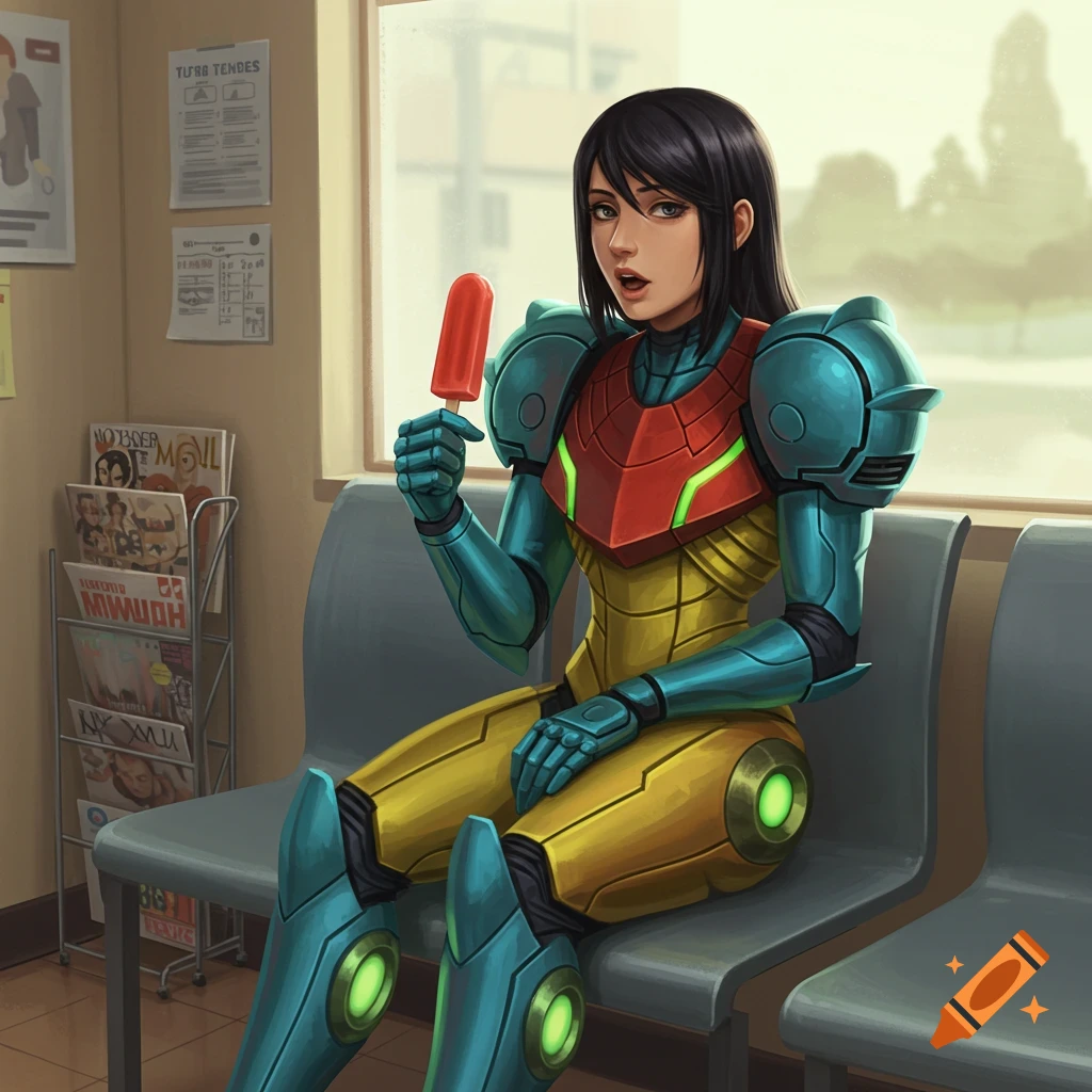 Illustration of Samus Aran in her power suit eating a popsicle in a doctor's waiting room.