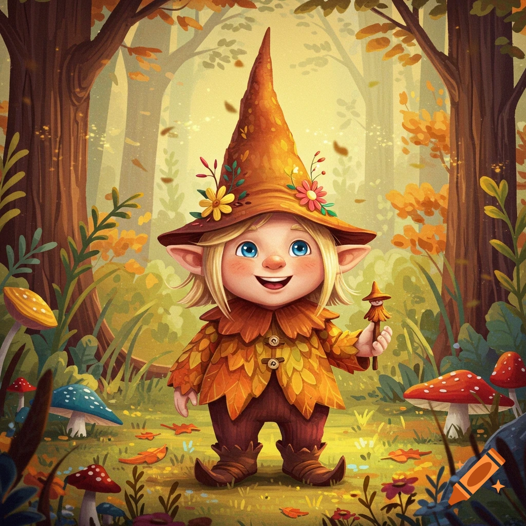A cute cartoon gnome with blonde hair and a pointy hat stands in an autumnal forest.