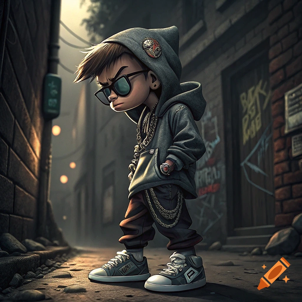 Cartoon illustration of a boy in street style clothes standing in an alley with graffiti