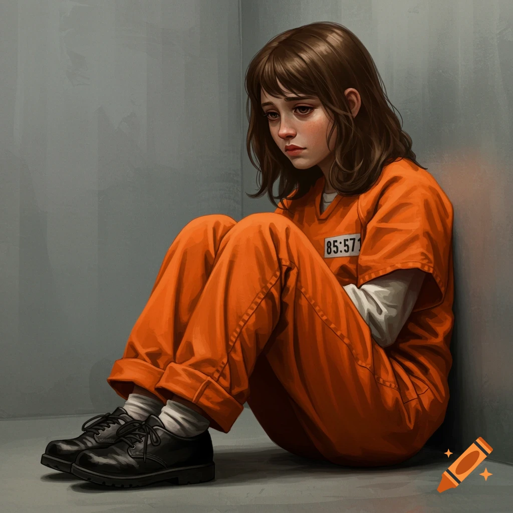 A young girl in an orange prison jumpsuit sits sadly in a cell.