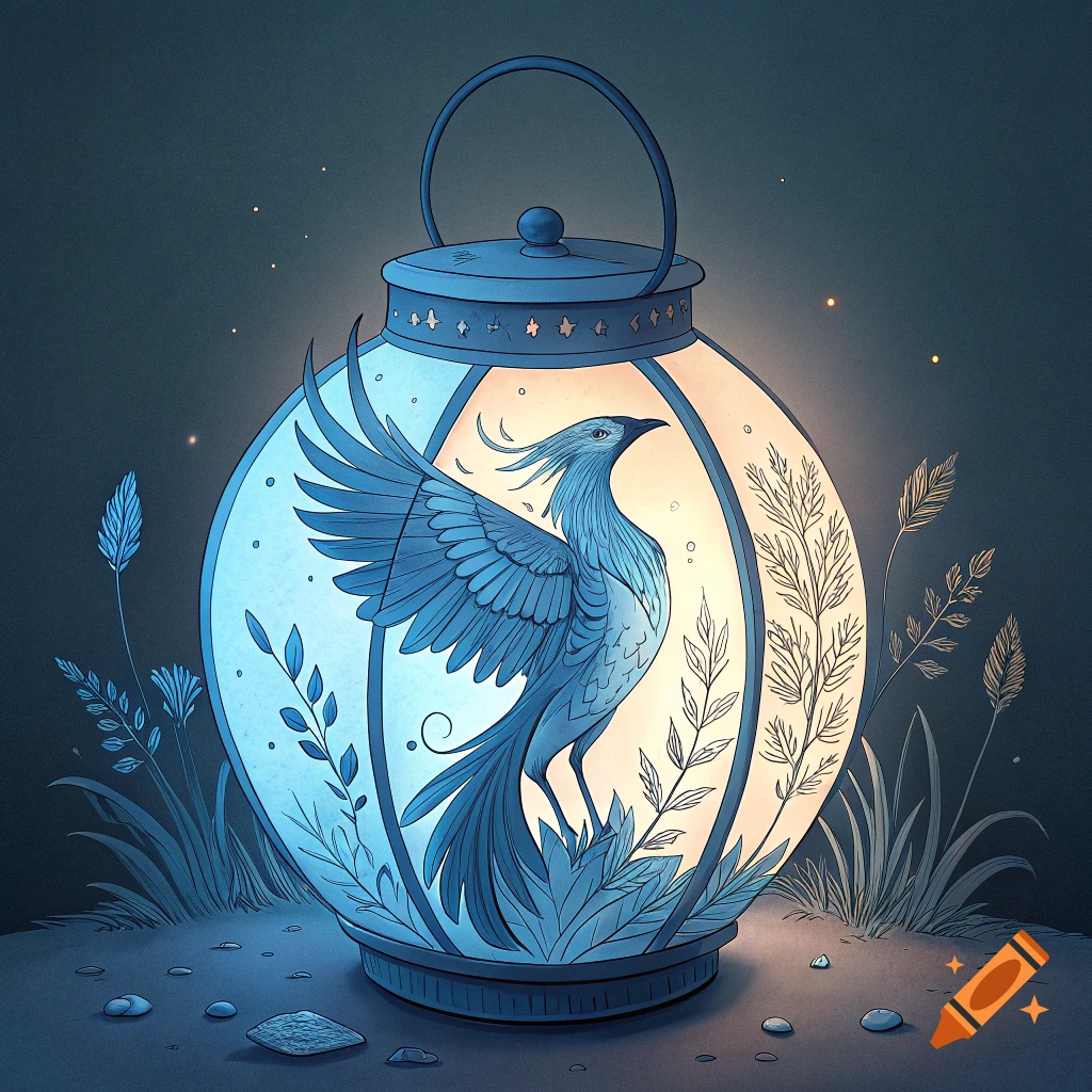 Stylized blue bird inside a decorative lantern with glowing light, surrounded by plants and stars. Illustration.