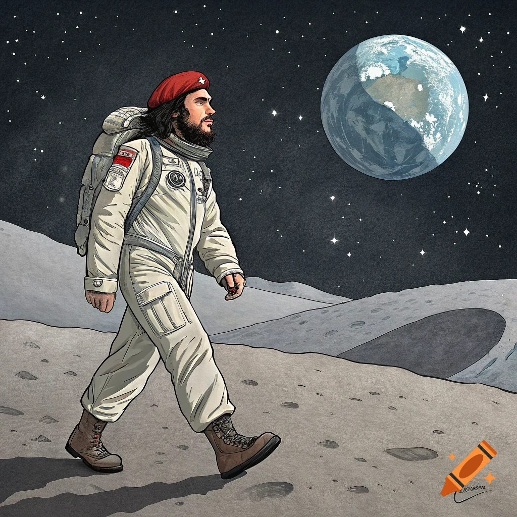 Illustration of Che Guevara in an astronaut suit walking on the moon