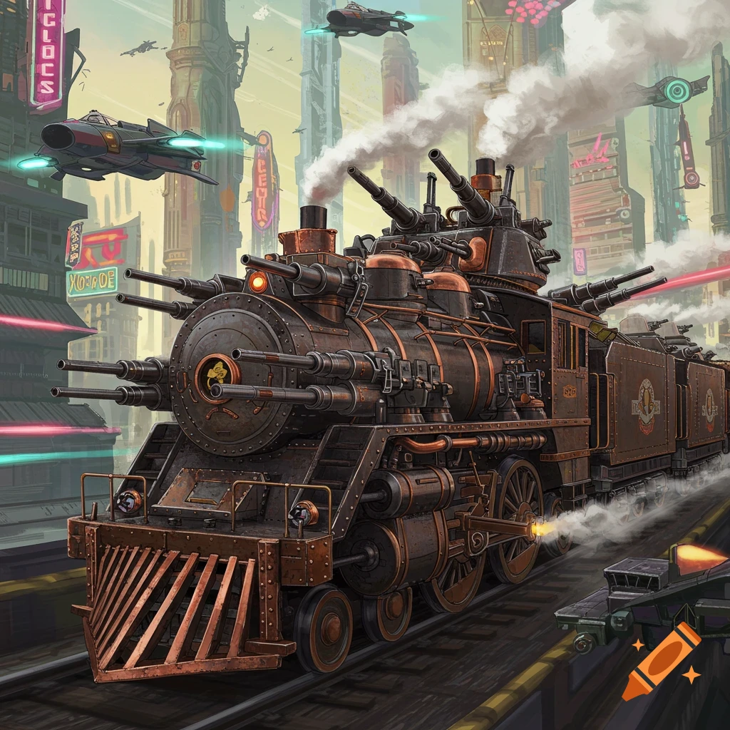 Heavily armed steampunk train moving through a futuristic city with flying vehicles.
