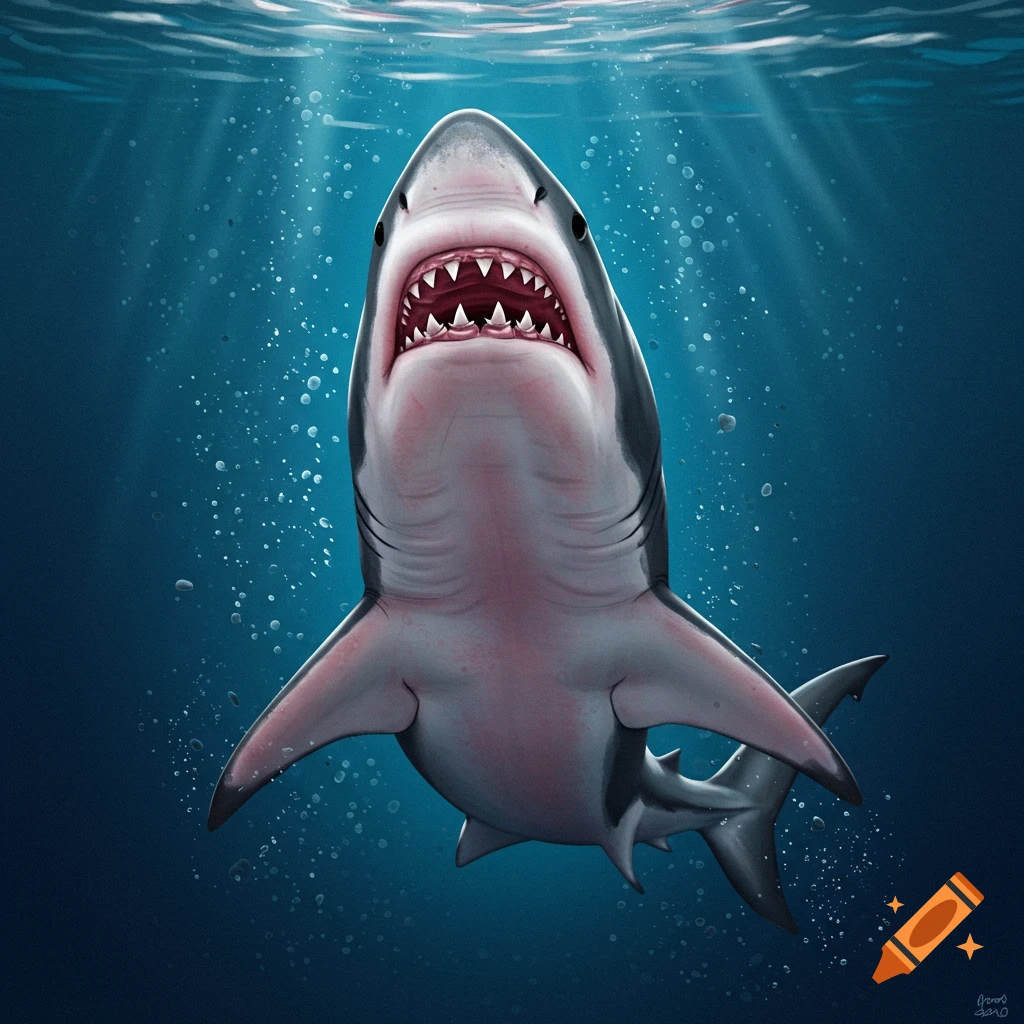 A close-up of a great white shark swimming upwards, mouth open, seen from below underwater.
