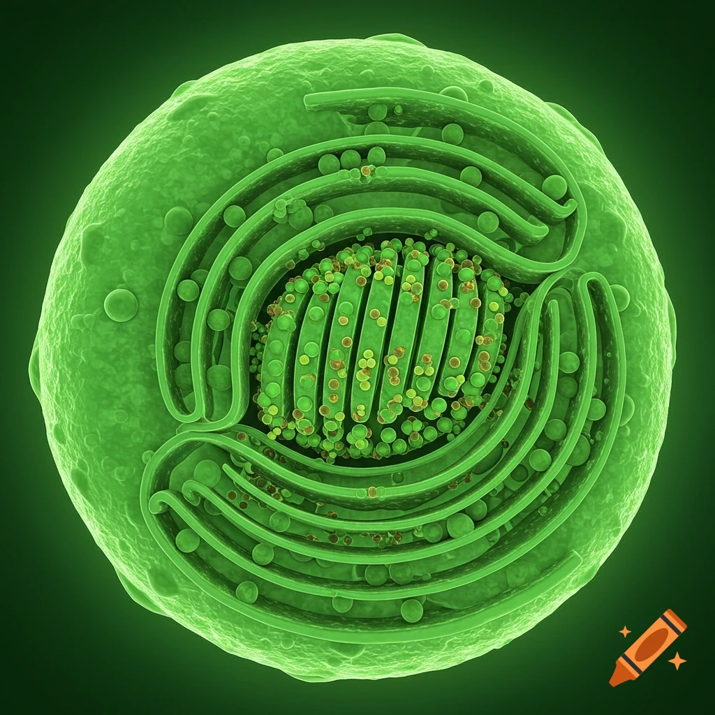 A detailed 3D render of a green chloroplast organelle showing internal structure.