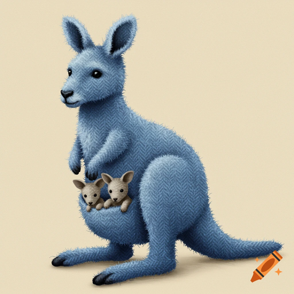 A blue tweed kangaroo with two joeys in its pouch.